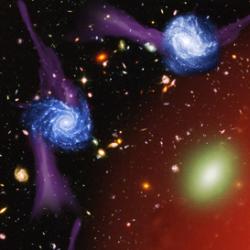 Artist’s impression of one of the possible galaxy strangulation mechanisms: star-forming galaxies (fed by gas inflows) are accreted into a massive hot halo, which ‘strangles’ them and leads to their death.