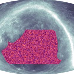 A new map of the dark matter made by the Atacama Cosmology Telescope. The orange regions show where there is more mass; purple where there is less. The typical features are hundreds of millions of light years across. The grey/white shows where contaminating light from dust in our Milky Way galaxy, measured by the Planck satellite, obscures a deeper view.