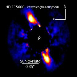 Left: Image of HD 115600 showing a bright debris ring viewed nearly edge-on and located just beyond a Pluto-like distance to the star. Right: A model of the HD 115600 debris ring on the same scale. 
