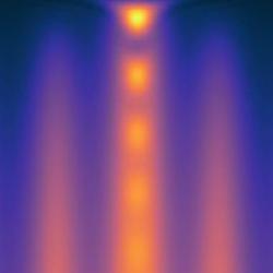 Theoretical ESR spectrum buildup as a function of two-photon detuning δ and drive time τ, for a Rabi frequency of Ω = 3.3 MHz on the central transition. 