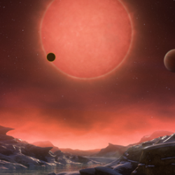 Artist’s impression of the ultracool dwarf star TRAPPIST-1 from the surface of one of its planets