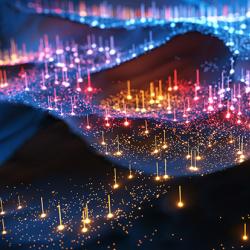 Digital generated image of multi coloured glowing data over landscape.