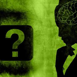 Silhouette of a woman facing a question mark and microchips