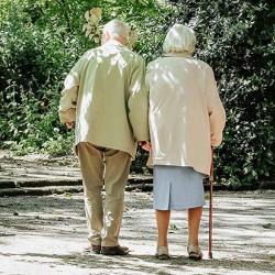 Elderly couple taking a walk through the park