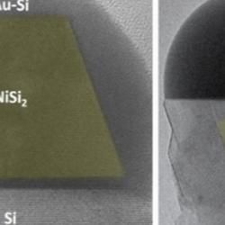 Images recorded in the electron microscope showing the formation of a nickel silicide (NiSi2) nanoparticle (coloured yellow) in a silicon nanowire