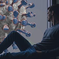 Man sat looking out of a window at a giant representation of COVID-19. Image by Gerd Altmann from Pixabay