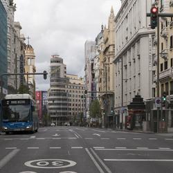 A deserted Grand Via, in the heart of Madrid, a week after the lockdown started.  