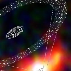 An image of the star Gilese 581 (bottom of image), with an illustration of the debris disc superimposed to show its position.