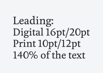 An example of the University typeface Feijoa in use, illustrating the minimum acceptable leading sizes for print and digital.