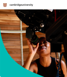 Mock up of a social media post. A person looks through the lens of a video camera. A stylised cut out of the University shield, in University Blue colour, is overlaid in the bottom left corner of the image.
