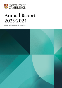 Front cover of a document titled University of Cambridge Annual Report. Cover displays a modern, abstract use of the University shield in various shades of the University Blue colours.