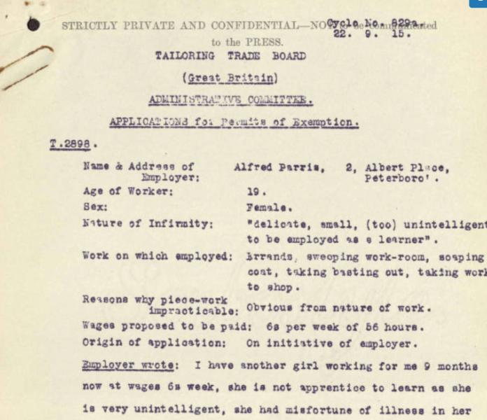 Tailoring Trade Board entry (1915). Courtesy of Modern Records Centre, Warwick University