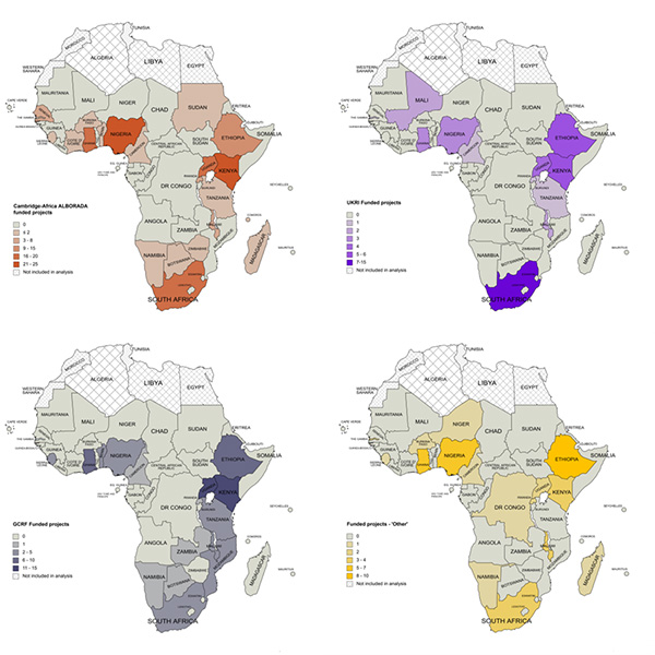 Map of Africa showing sub-Saharan funded projects in each country from each of the four sources.