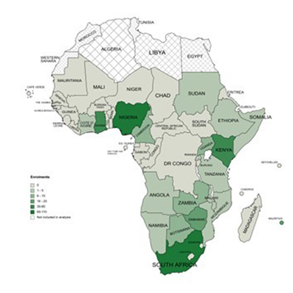 Confirmed student places for each country in sub-Saharan Africa.