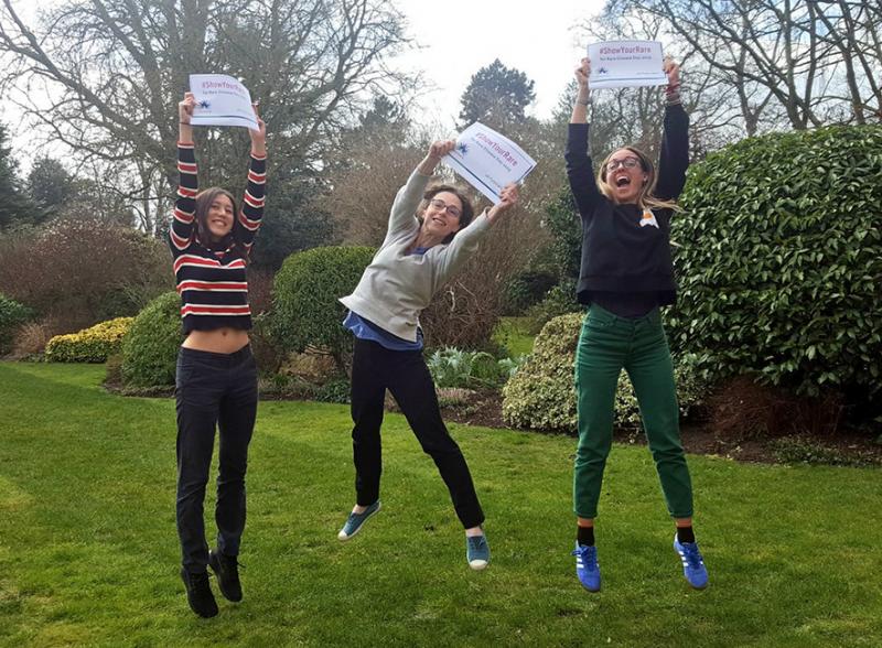 Kate Baker (centre) with research assistant Elise Ng-Cordell (left) and post-doctoral research associate Diandra Brkic (right) on Rare Disease Day