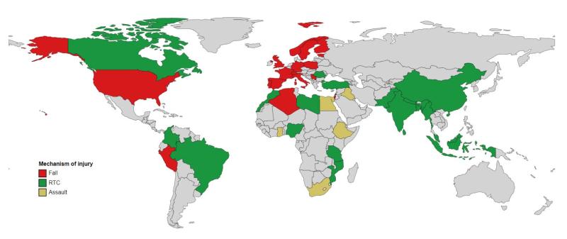 Map showing most common causes of traumatic brain injury worldwide