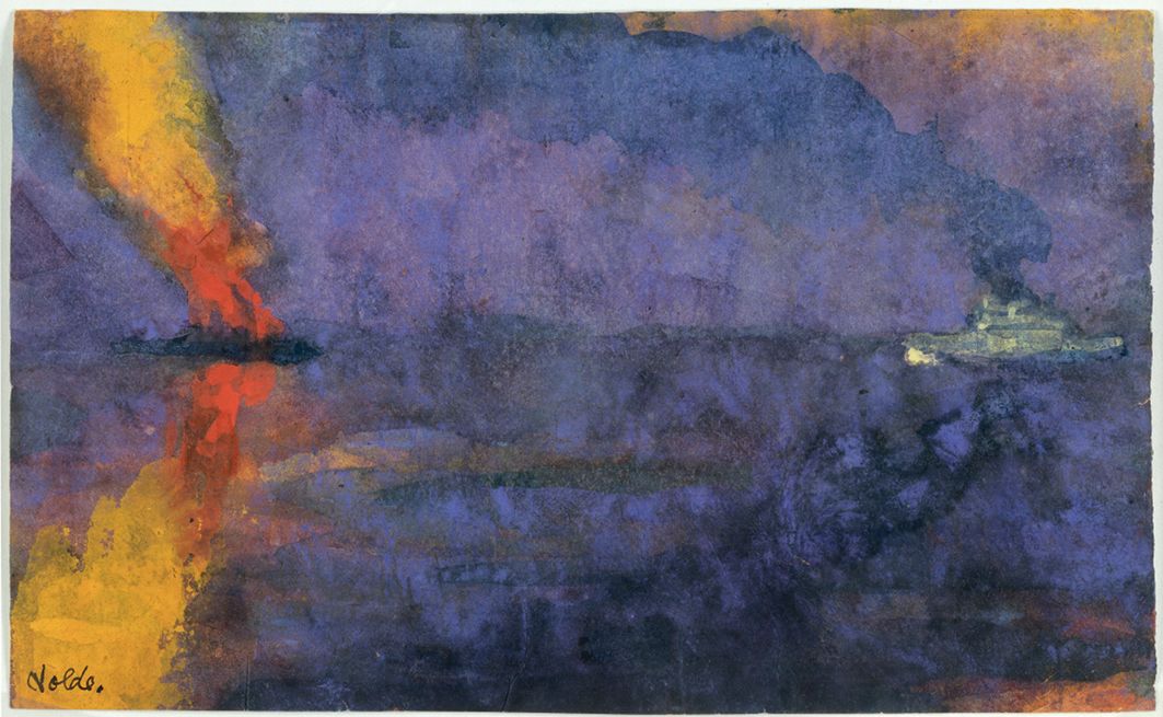 Detail of Emil Nolde, Warship and Burning Steamship (watercolour, before c. 1943. Nolde Foundation Seebüll. © Nolde Foundation Seebüll / Photo: Dirk Dunkelberg, Berlin