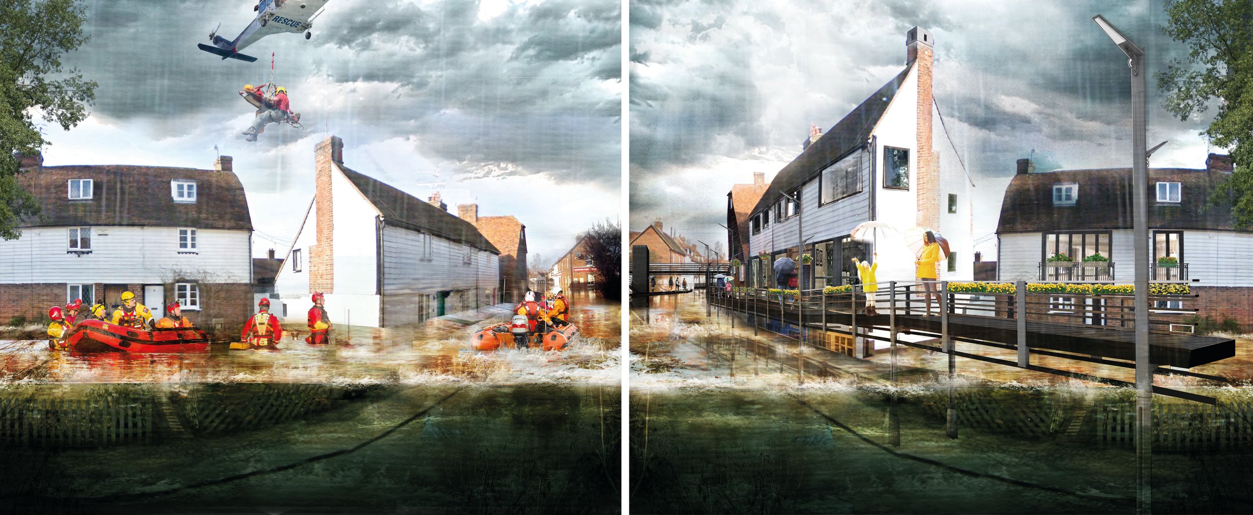A streetscape illustration of a vulnerable and resilient Yalding (UK), from the Retrofitting Resilience study, featured in Retrofitting for Flood Resilience. © Edward Barsley / The University of Cambridge