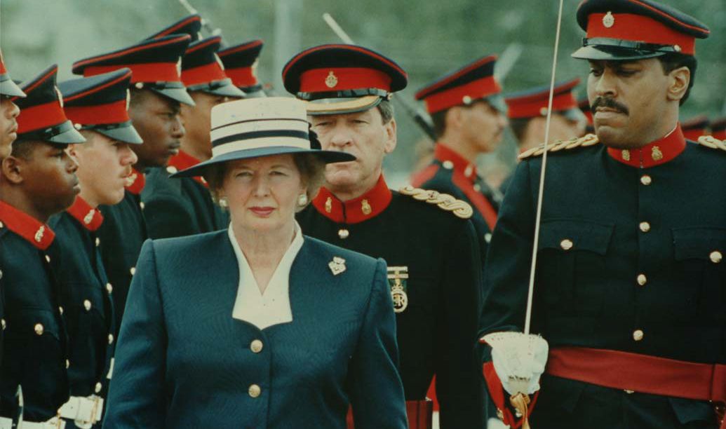 Margaret Thatcher inspecting troops in Bermuda (12 April 1990). Courtesy of: https://www.margaretthatcher.org/ 