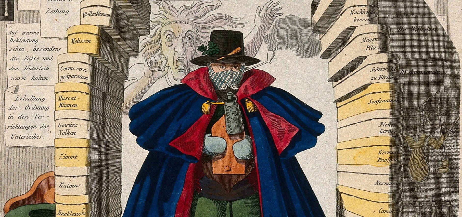A man wears a panoply of protections against cholera, by J.B. Wunder, c. 1832. Credit: Wellcome Collection. Attribution 4.0 International (CC BY 4.0)