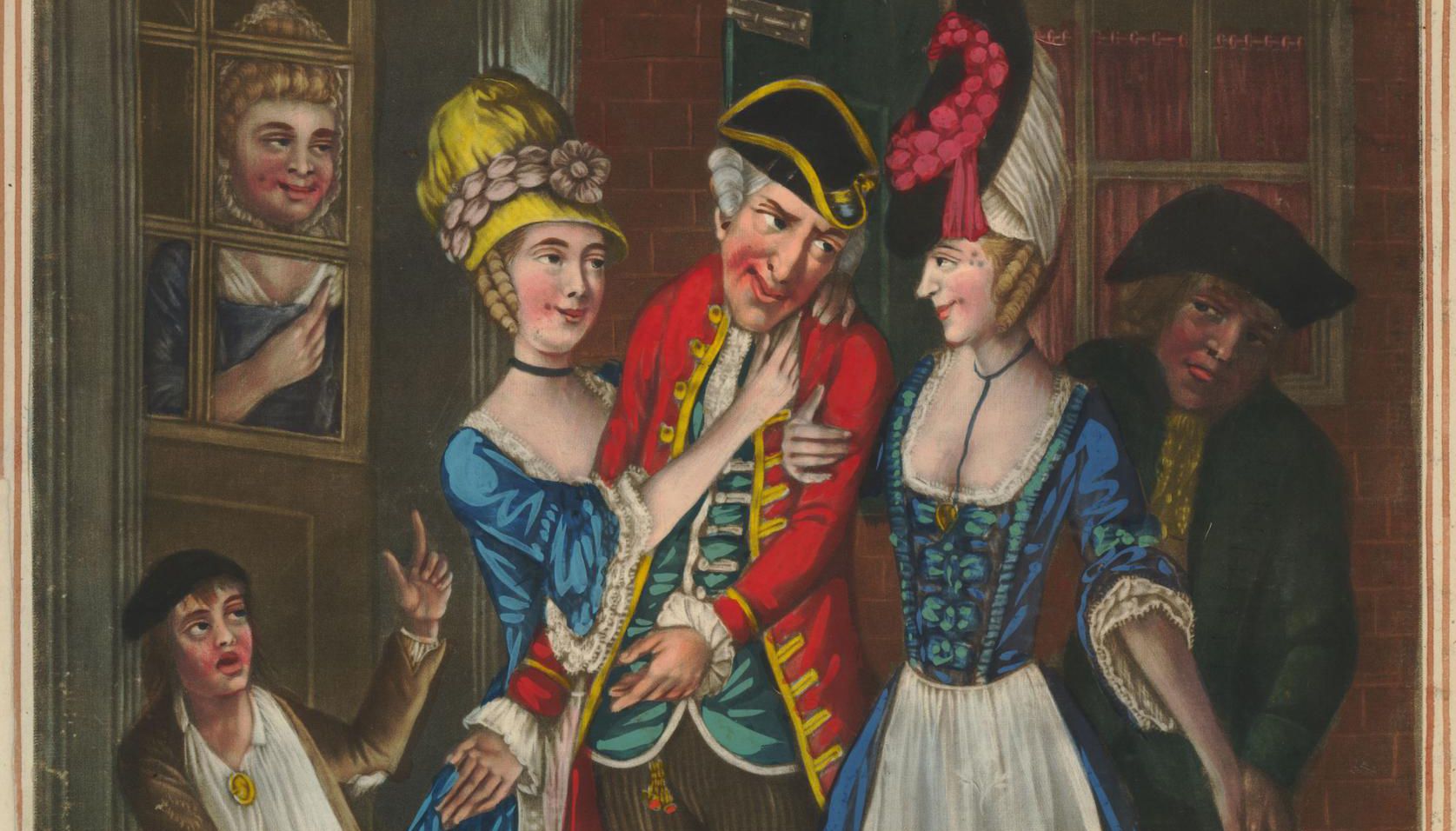 An Evenings Invitation; with a Wink from the Bagnio (1773), depicting a man being led down a street by two prostitutes in Georgian London. © The Trustees of the British Museum