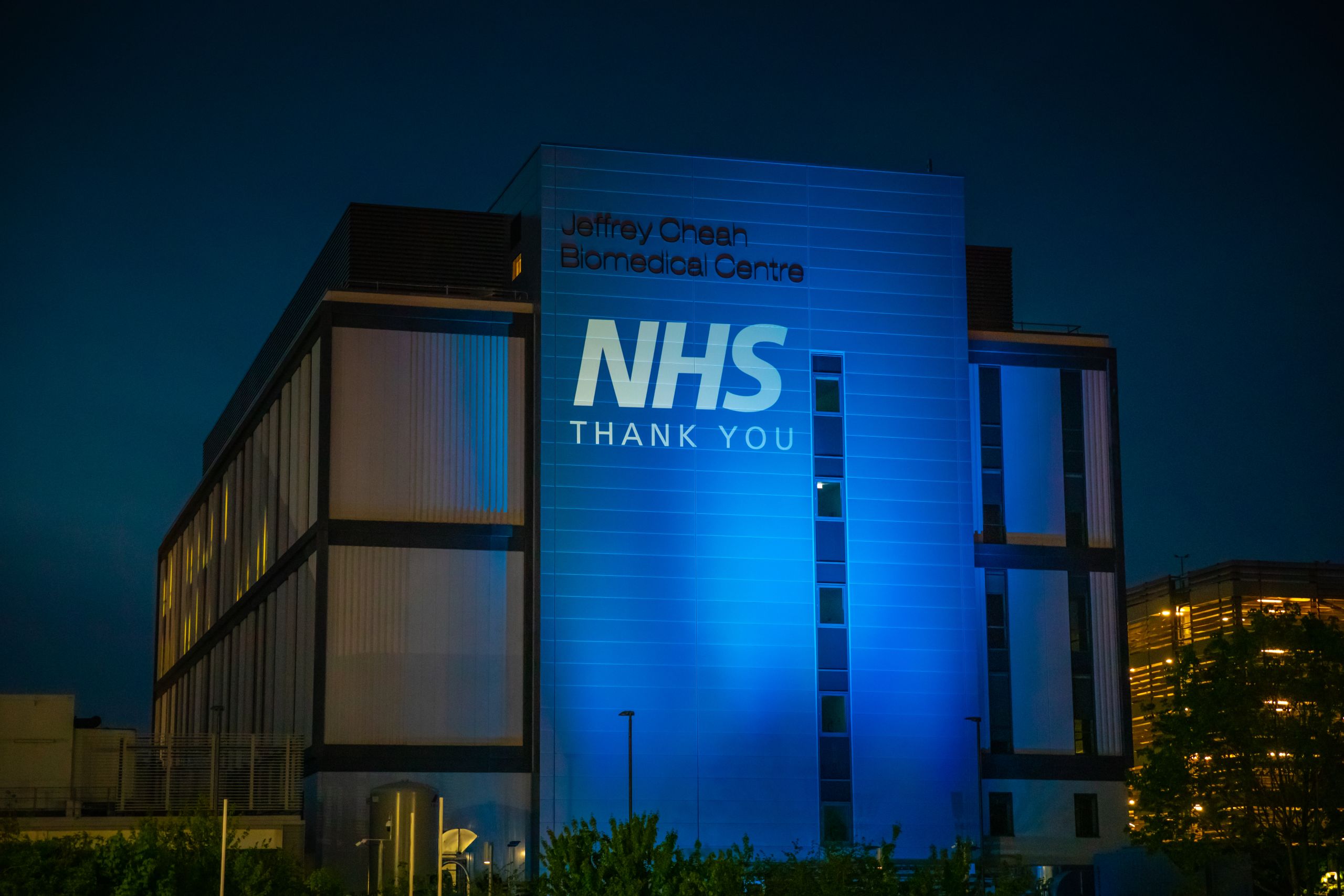 Jeffrey Cheah Biomedical Centre lit up to mark Clap for the Carers