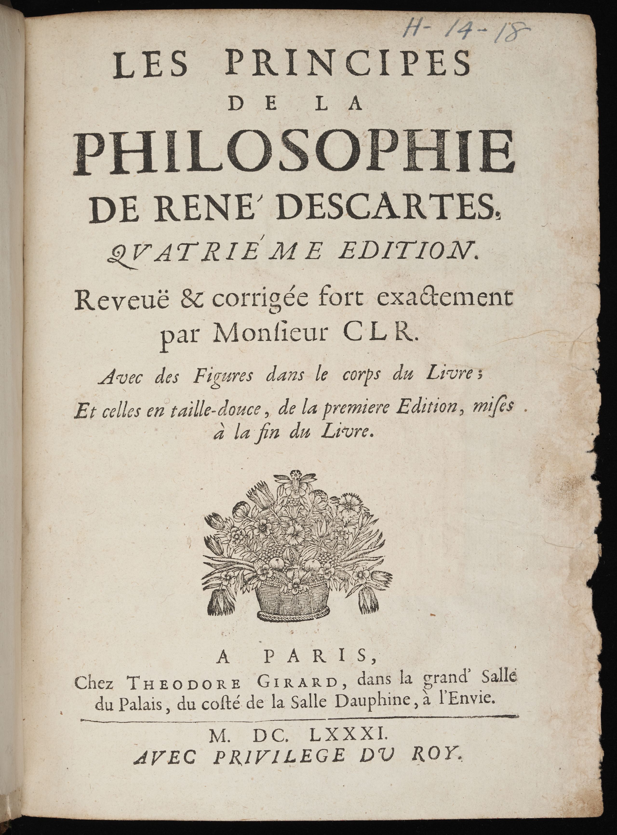 The title page of Mary Astell's 1681 copy of Descartes' Les Principes de la Philosophie