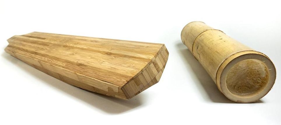 Bamboo cricket bat prototype and a section of bamboo culm. Image: Ana Gatóo