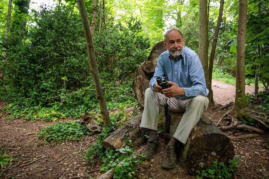 Bill sitting on tree trunk
