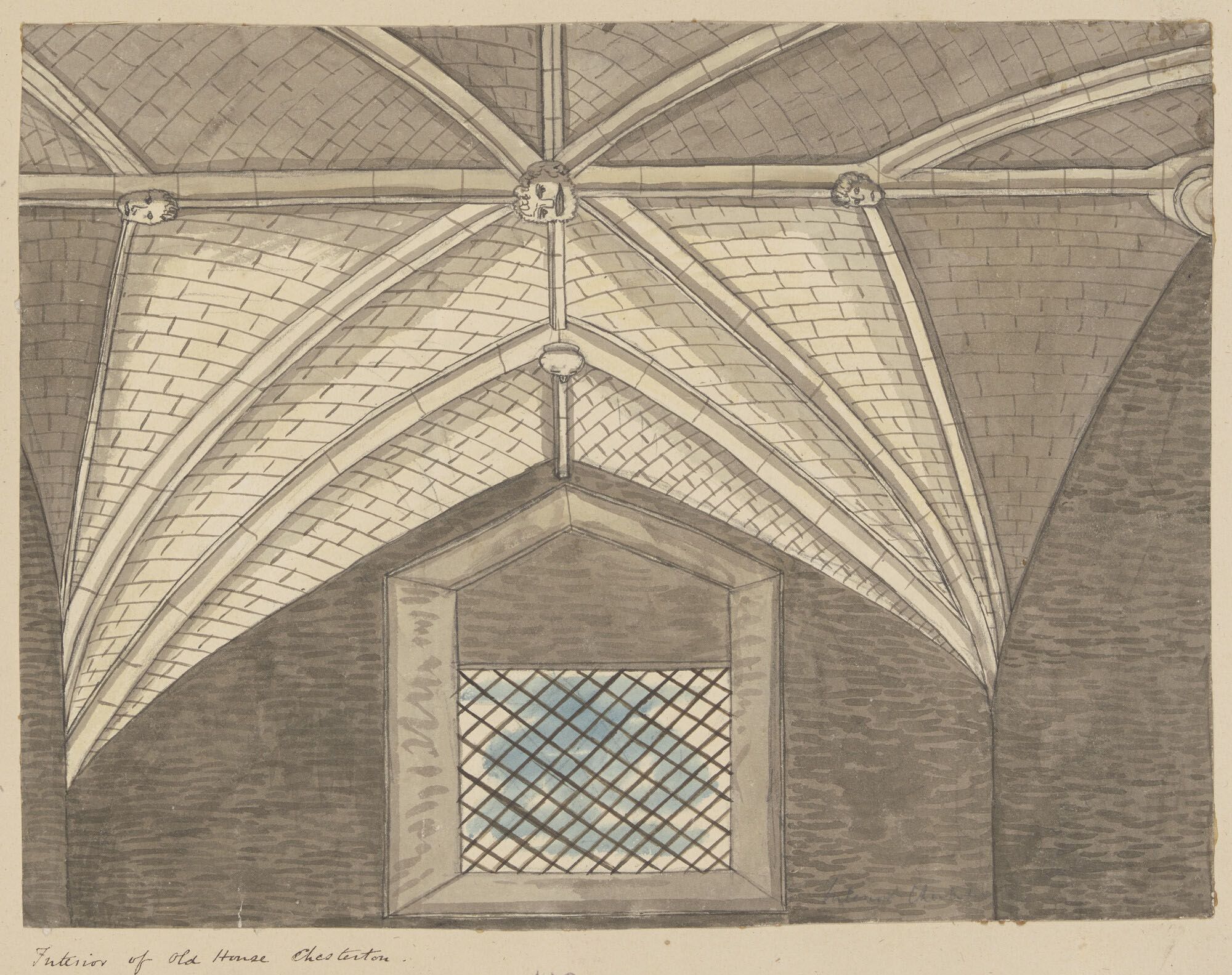 A drawing of the groined roof of Chesterton Tower
