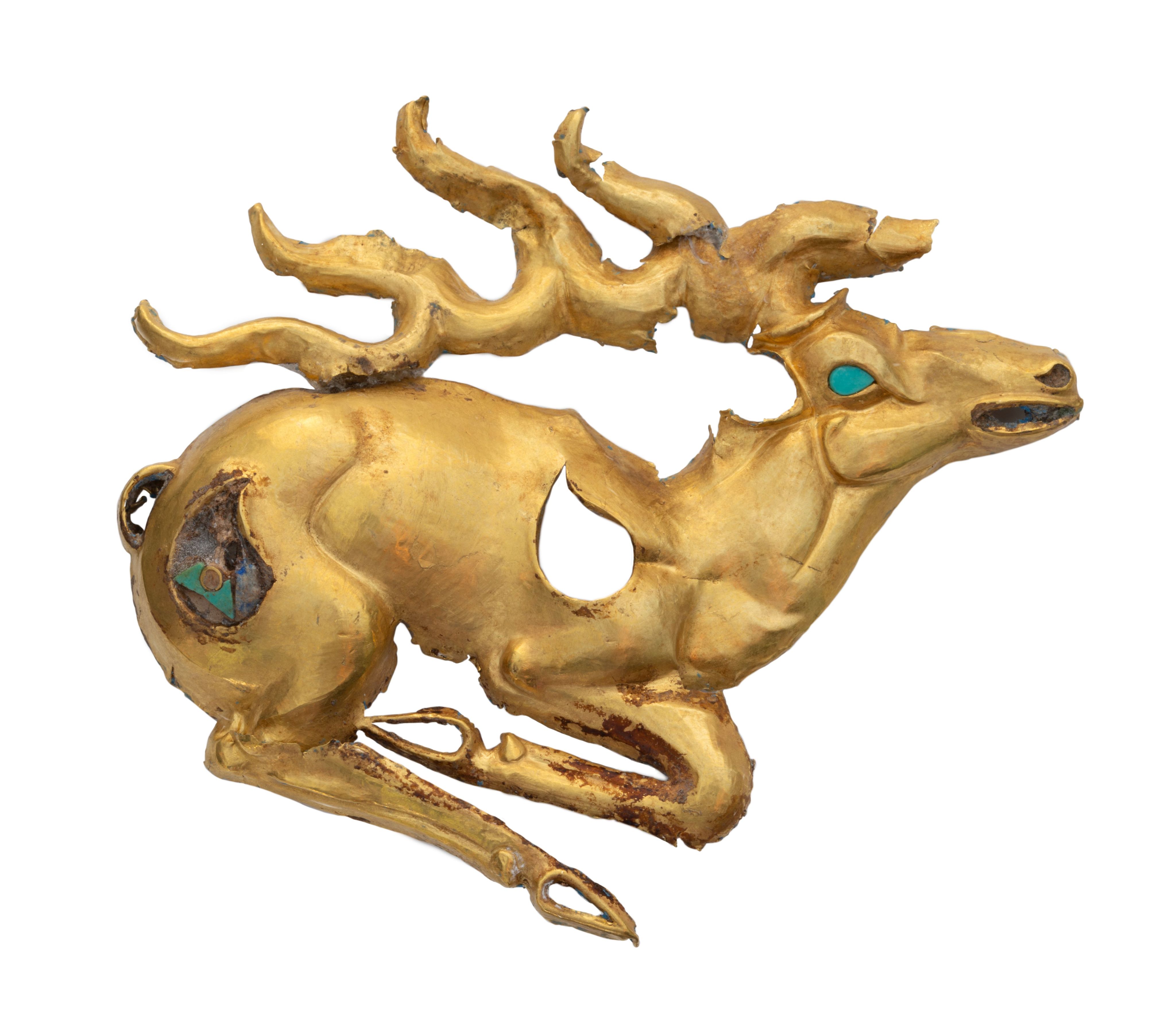 Recumbent stag plaque. Gold with inlays of turquoise and lapis lazuli. Eleke Sazy, Group II, Kurgan 4. 8th-6th century BC