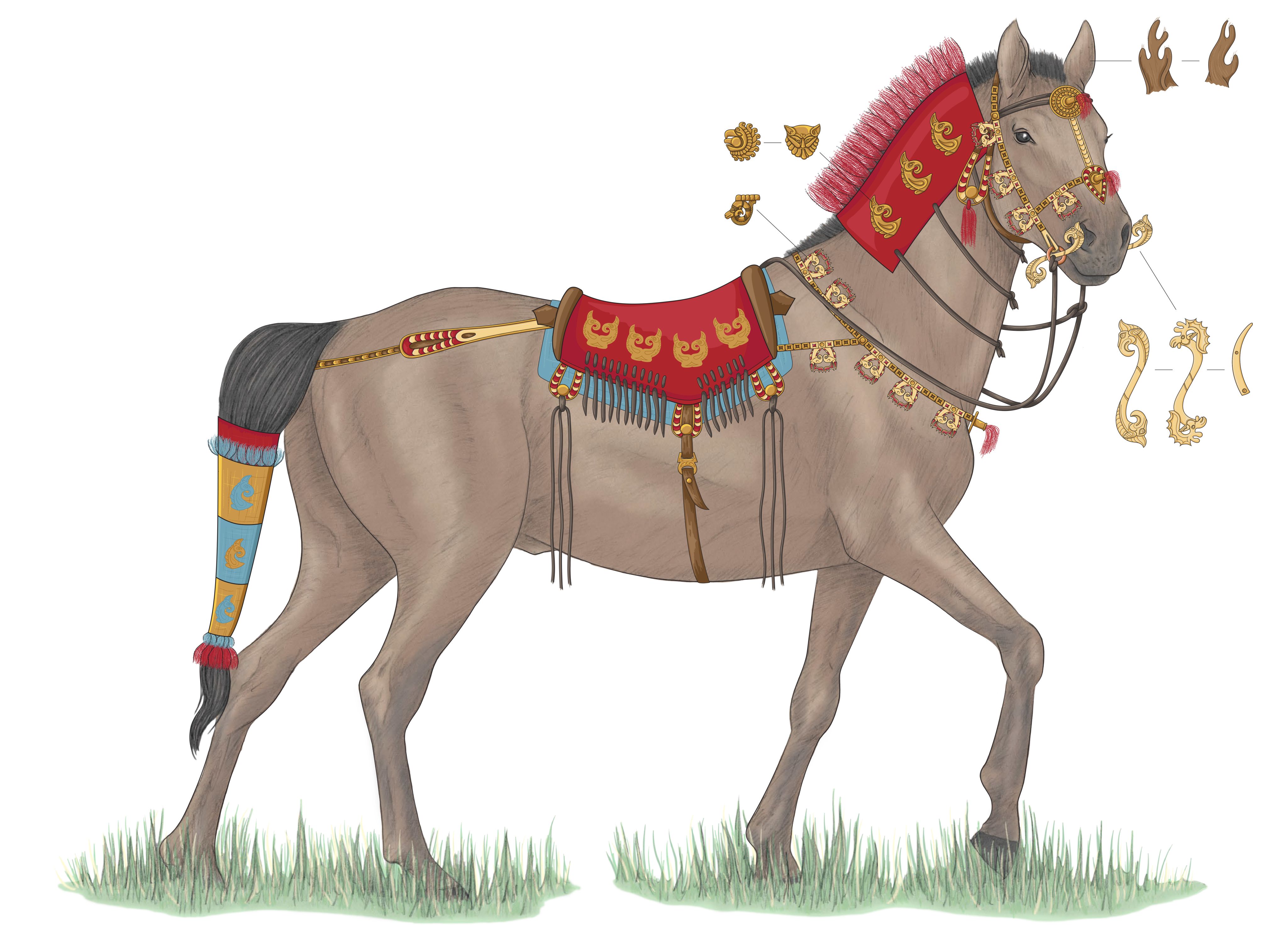Reconstruction of a horse in full riding tack based on those found in Berel kurgan 36. Image: Vicki Herring / Fitzwilliam Museum