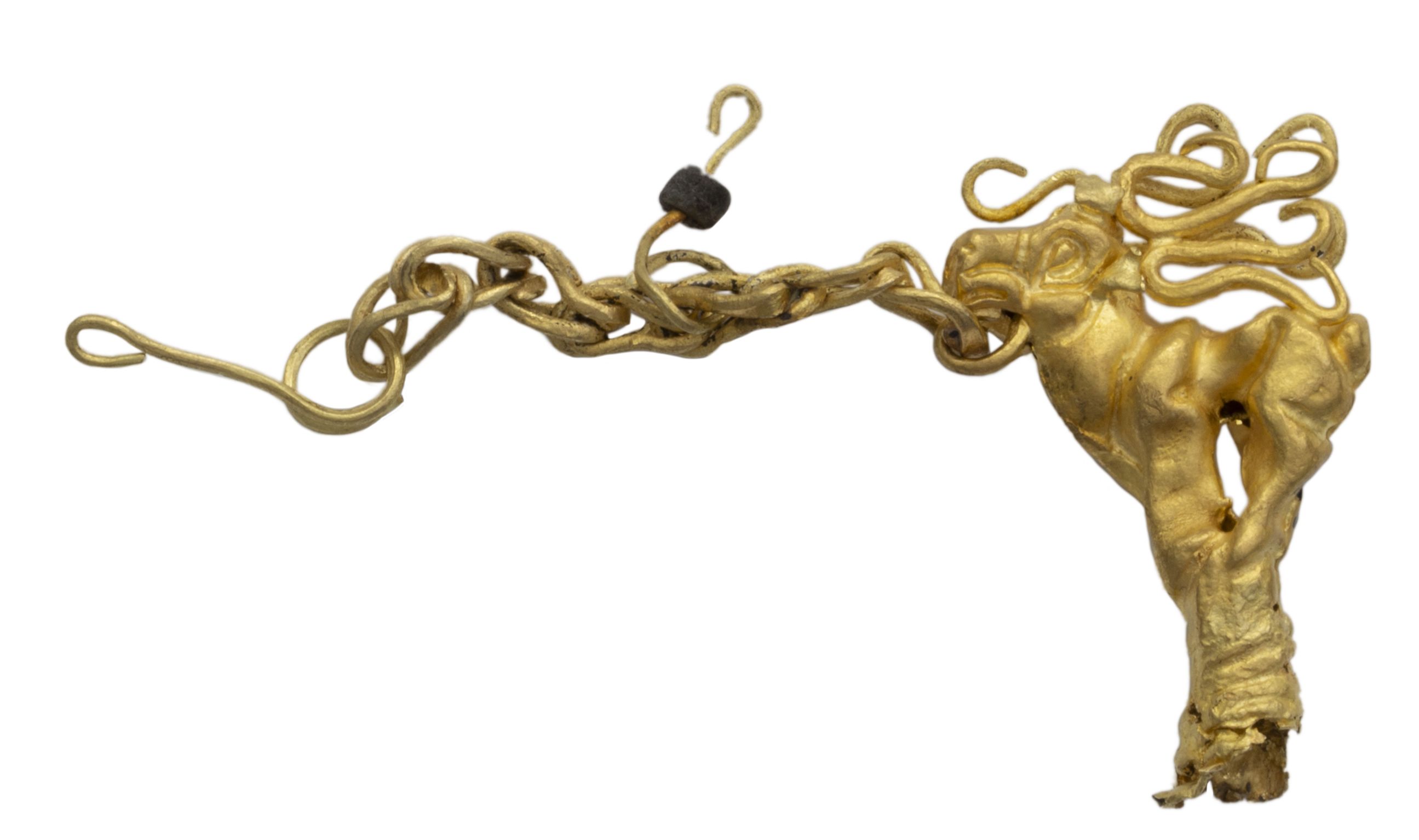 A gold stag on tiptoes with chain and fastening loop. Eleke Sazy, Group IV, Great Earthen Mound 'Patsha'. c.6th-5th century BC