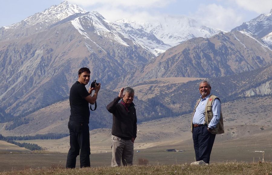 Tien Shan mountains of central Asia. An EwF collaborator from Kyrgyzstan (centre) shows Nepalese collaborators the fault that moved in the 1911 earthquake, destroying Almaty in neighbouring Kazakhstan.