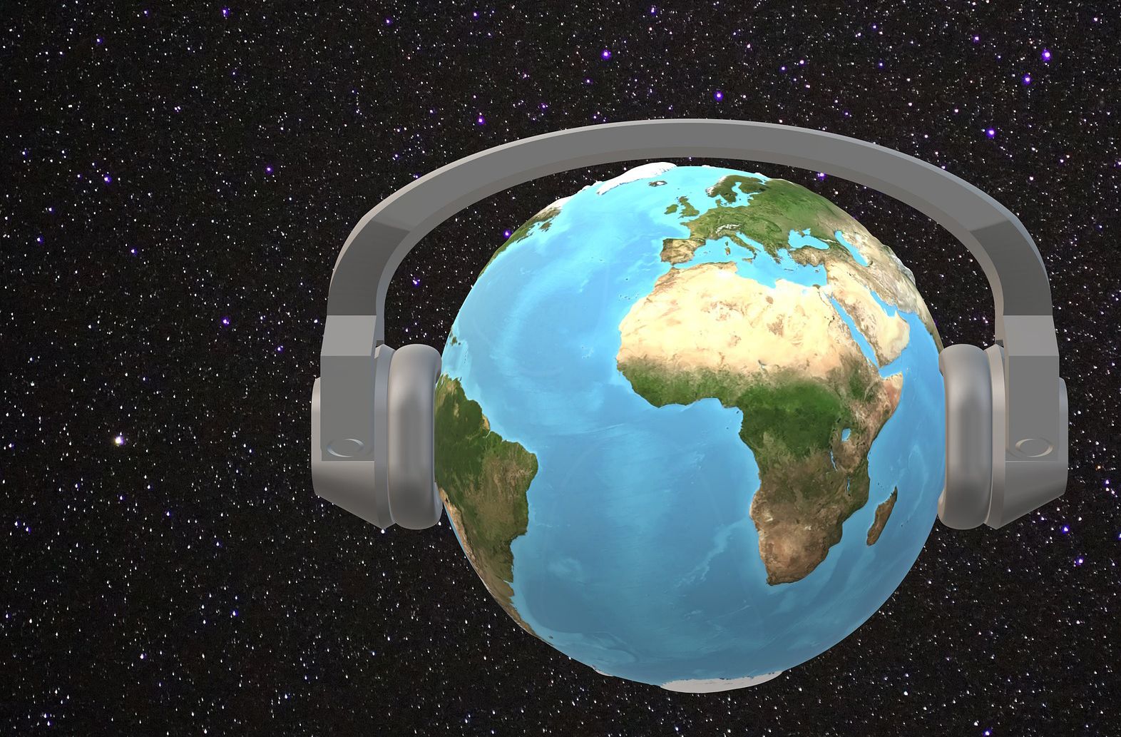 The World seen from space wearing headphones