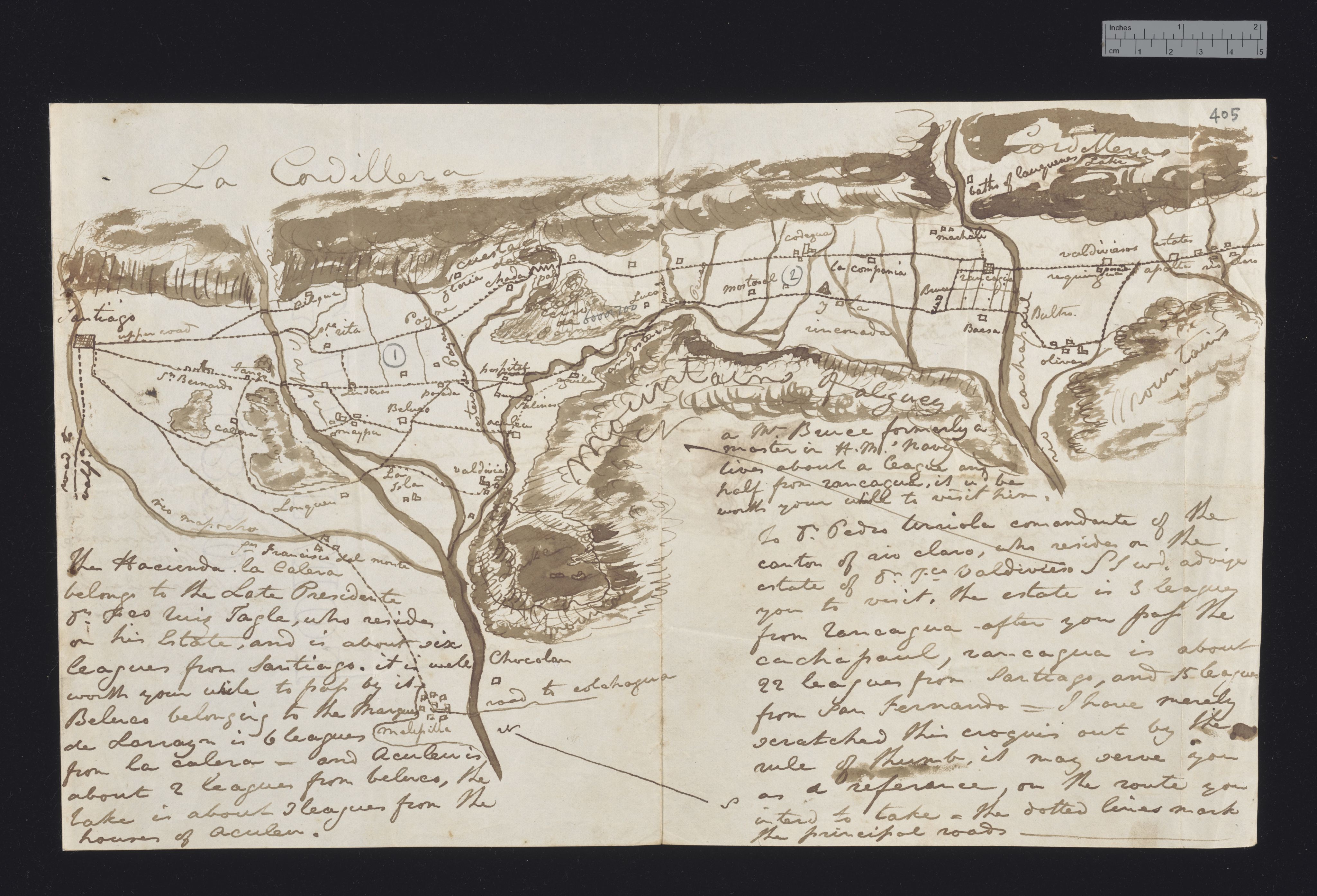 A sketch map of route from Santiago to San Fernando, Chile by Thomas Sutcliffe