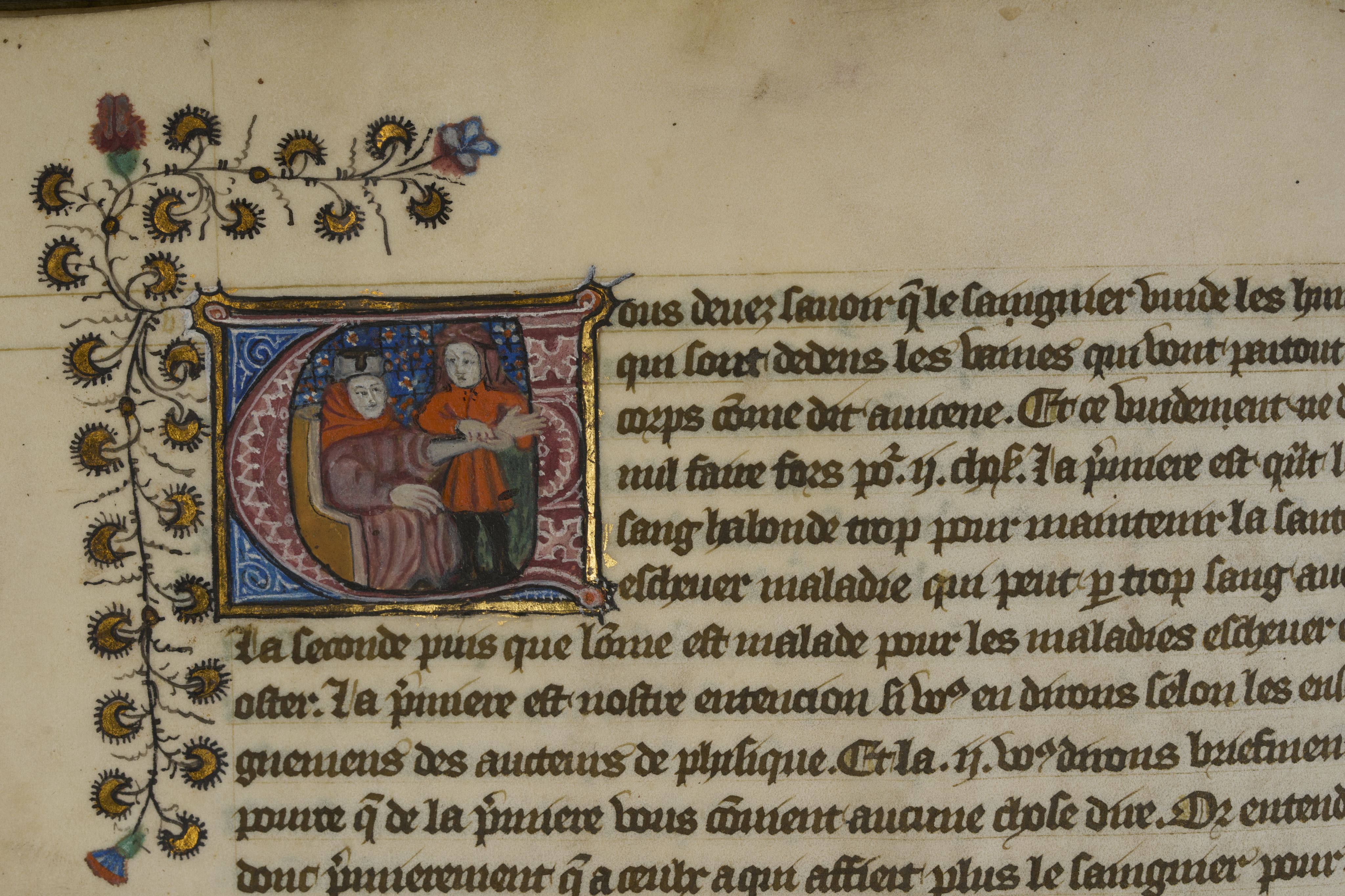 Two figures, one seated to the left and one standing to the right. The standing figure is opening a vein in the other man's arm.