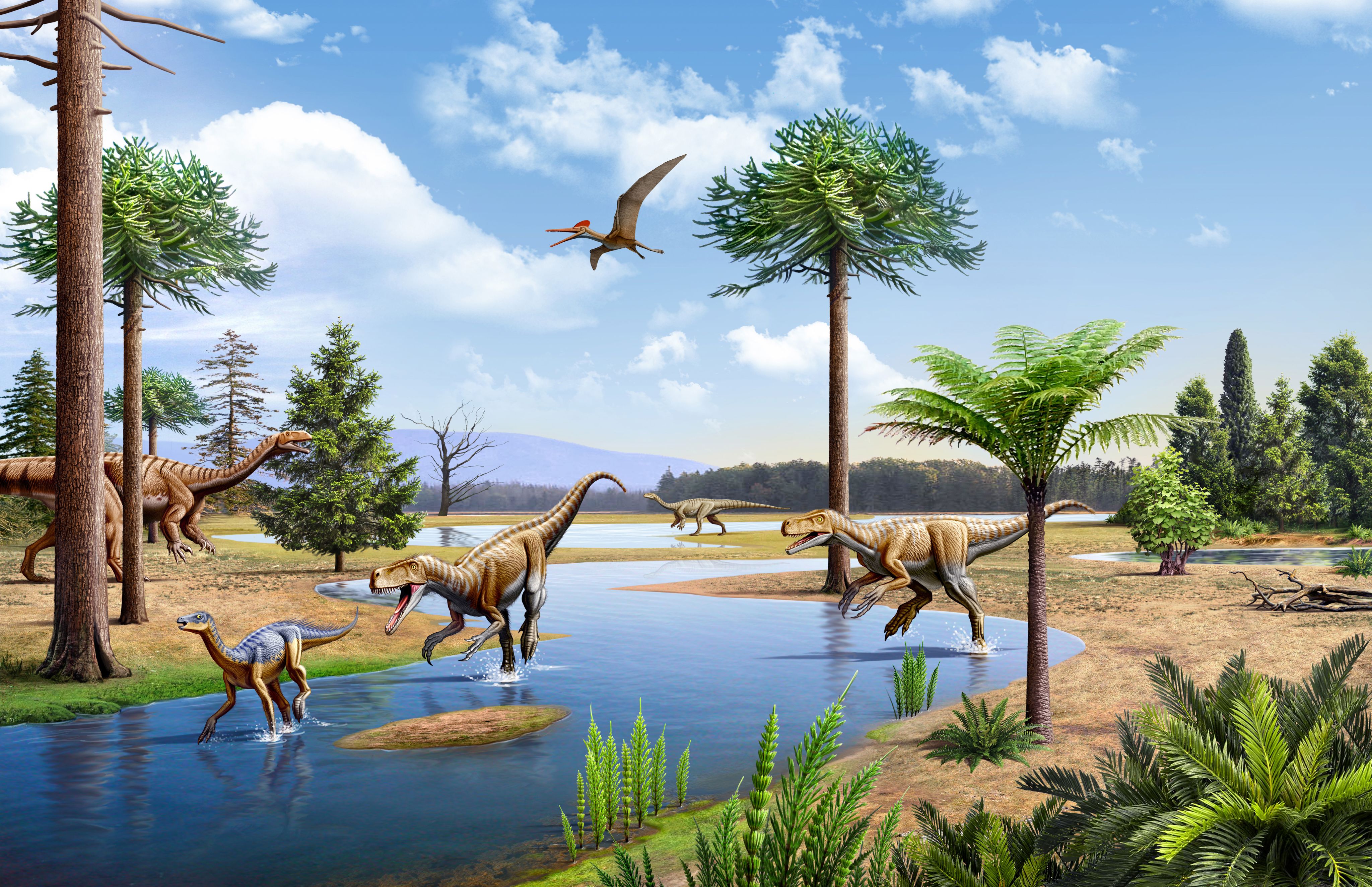 Two Herrerasaurus chasing a Silesaurus down a stream in the Triassic period. Two Plateosaurus are in the background.