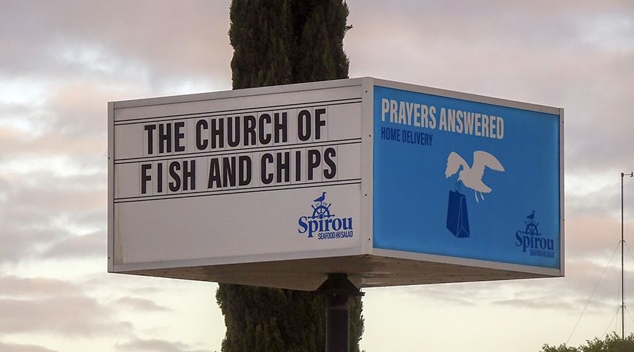 Sign for the Church of Fish and Chips