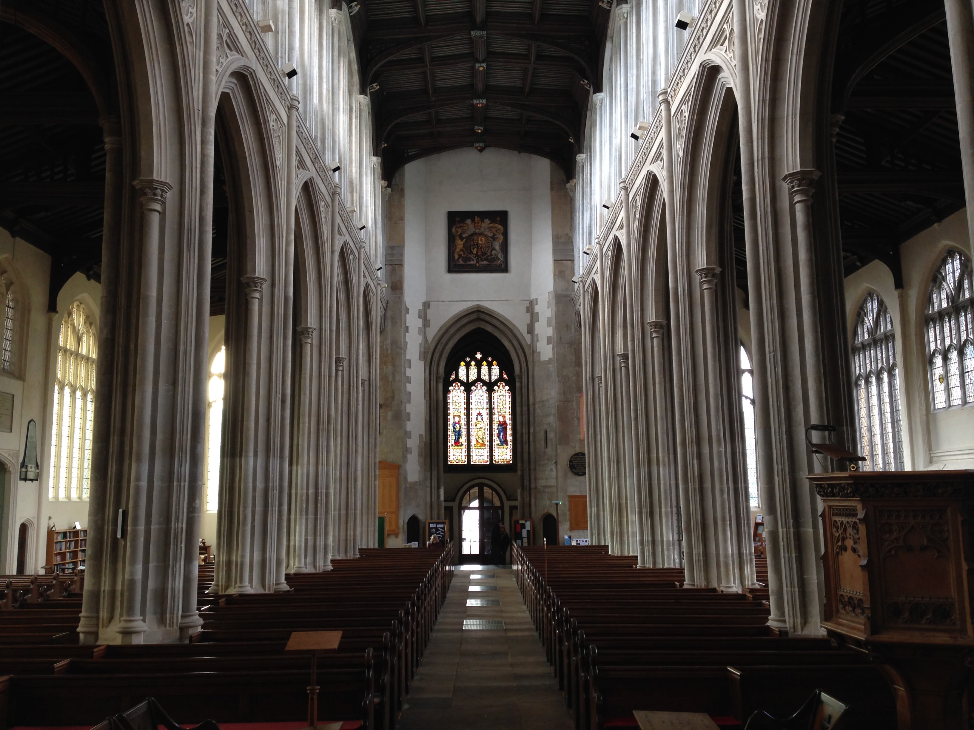 A photograph inside a church, showing high aisle.