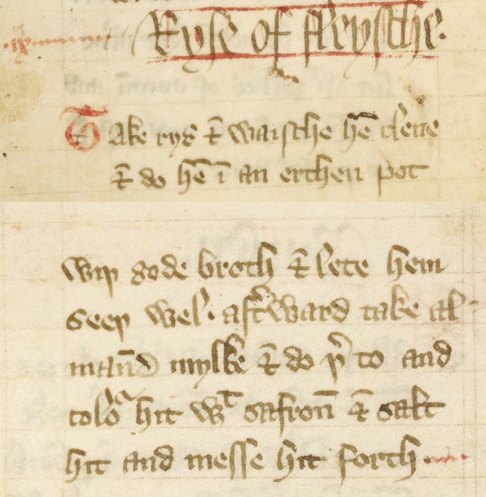 A section of a manuscript, showing a recipe for 'ryse of fleysche'.
