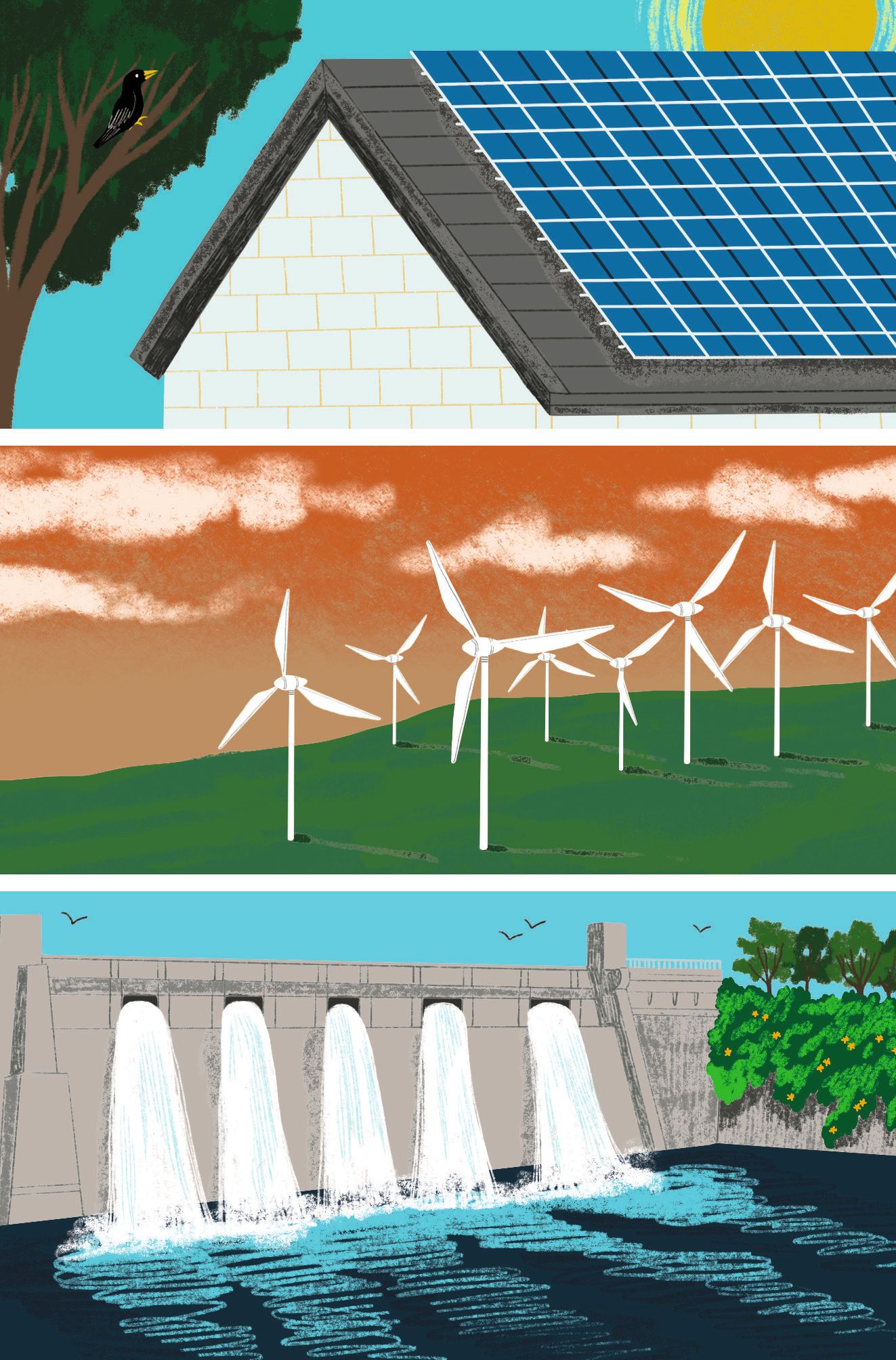 Illustrations of solar panels on a roof, a windfarm, a hydroelectic dam