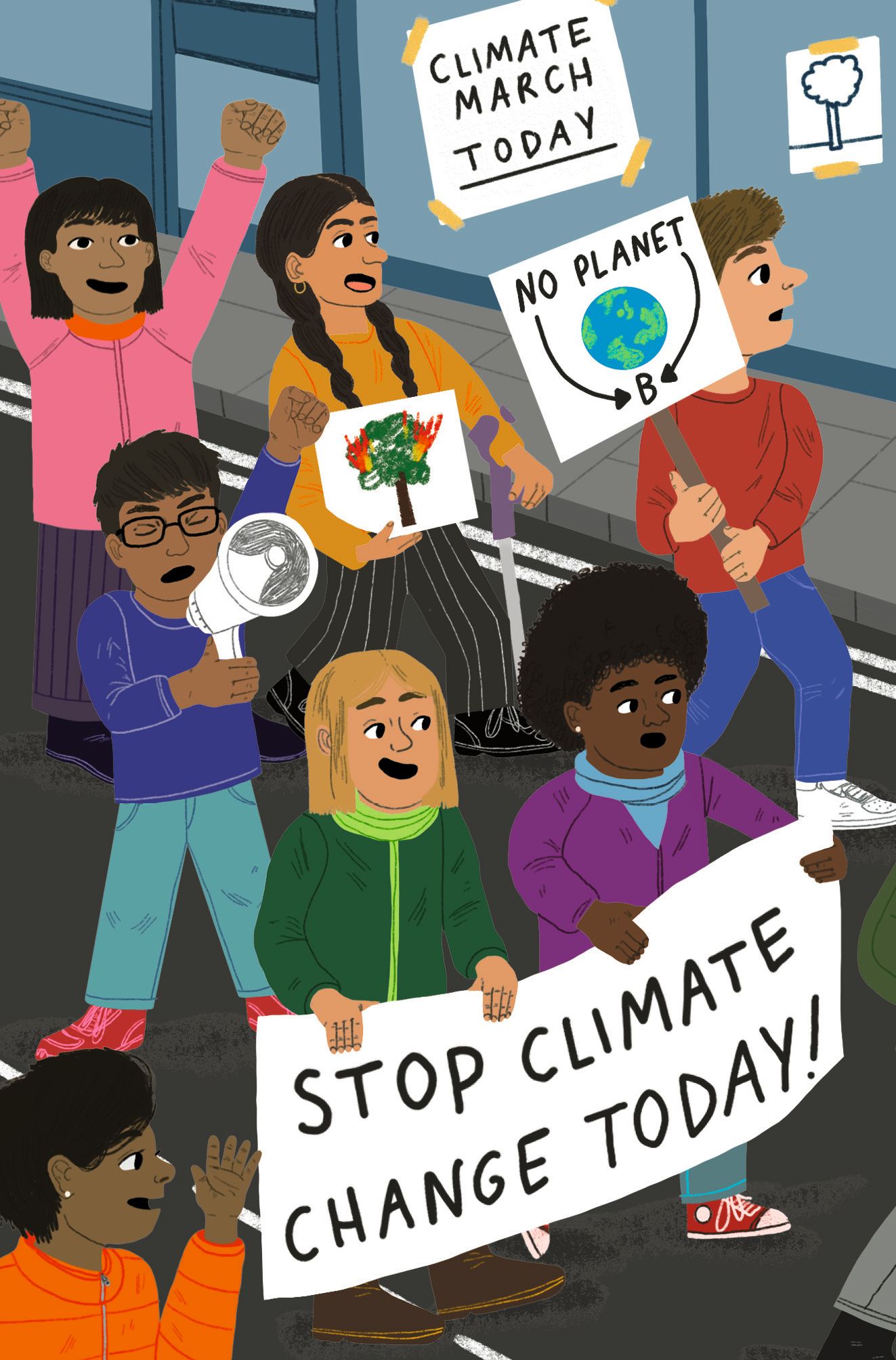 Illustration of children protesting for action on climate change