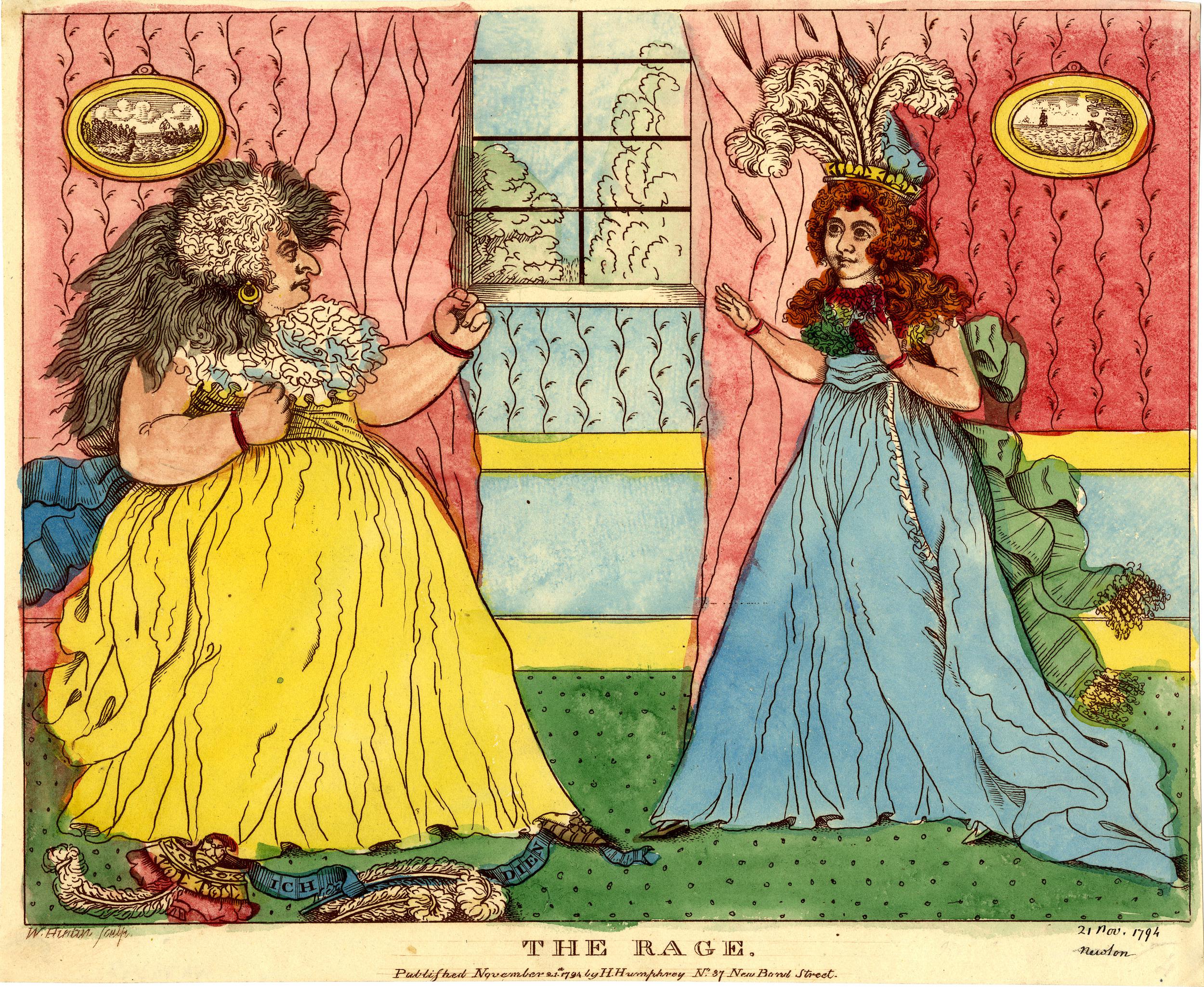 A satirical print showing Mrs Fitzherbert (left) and Princess Caroline coming face-to-face with one another. Credit: British Museum 
