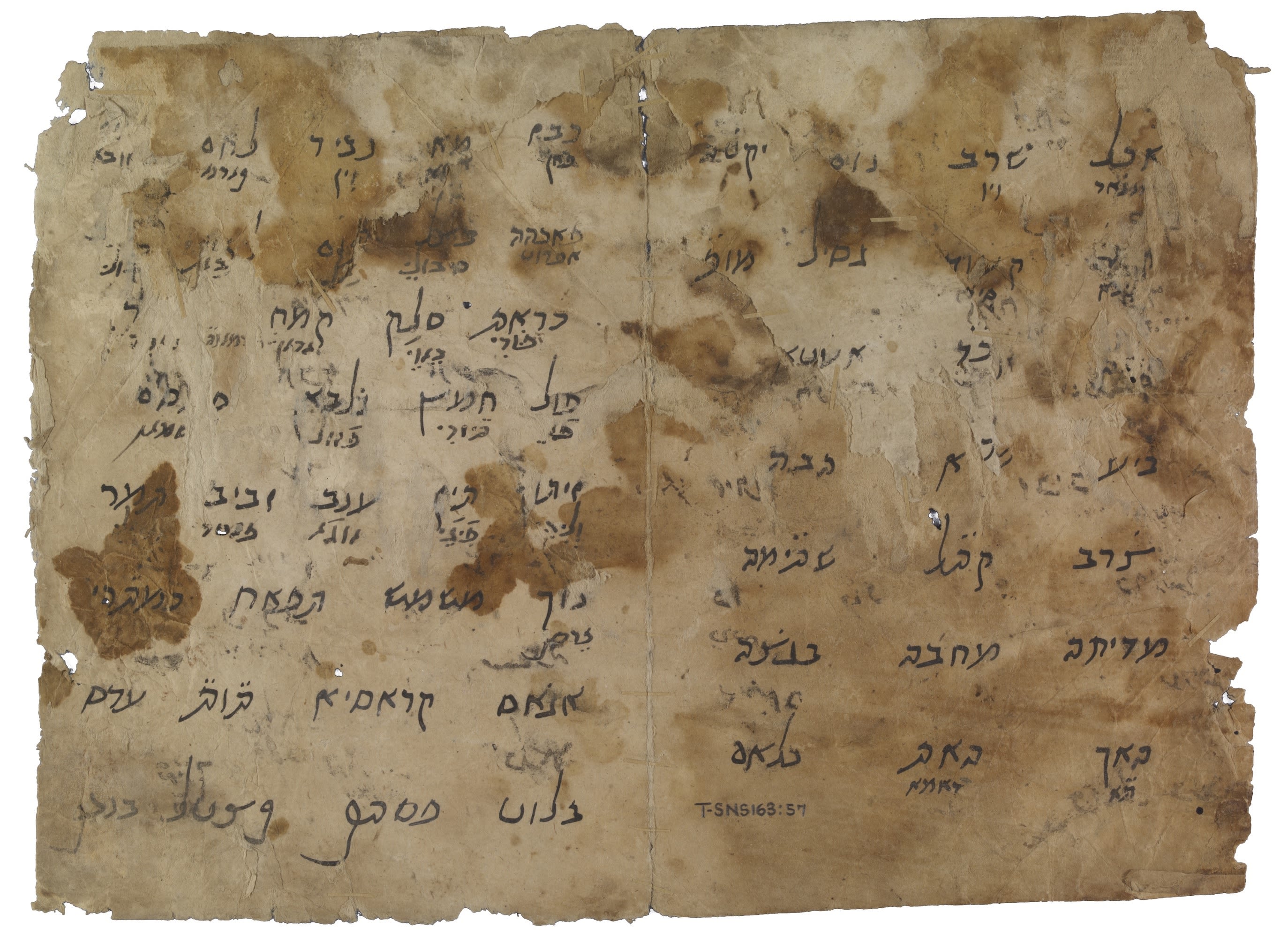 Two pages from Maimonides’ notebook in which he has listed words in Judaeo-Arabic and given Judaeo-Romance translations beneath.