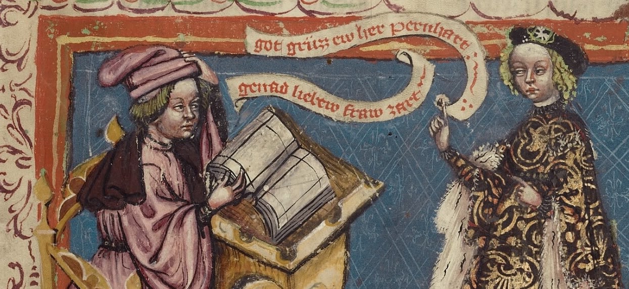 A scribe and a woman, about 1400–1410, by an unknown artist. The J. Paul Getty Museum