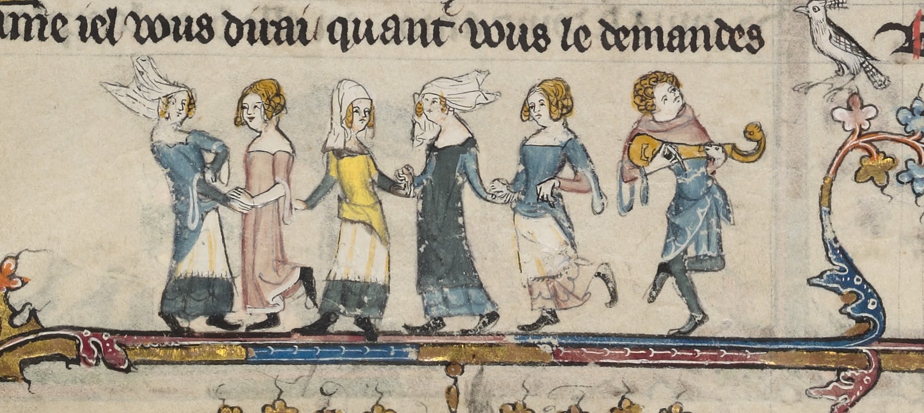 Minstrel playing music and women dancing, from Bodleian Library MS Bodl-264, 00216, fol-97v