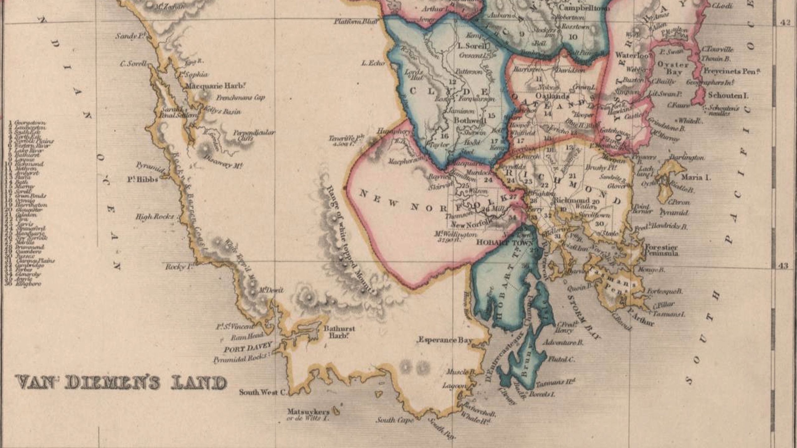 1852 map of the British colony of Tasmania, previously named Van Diemen's Land.