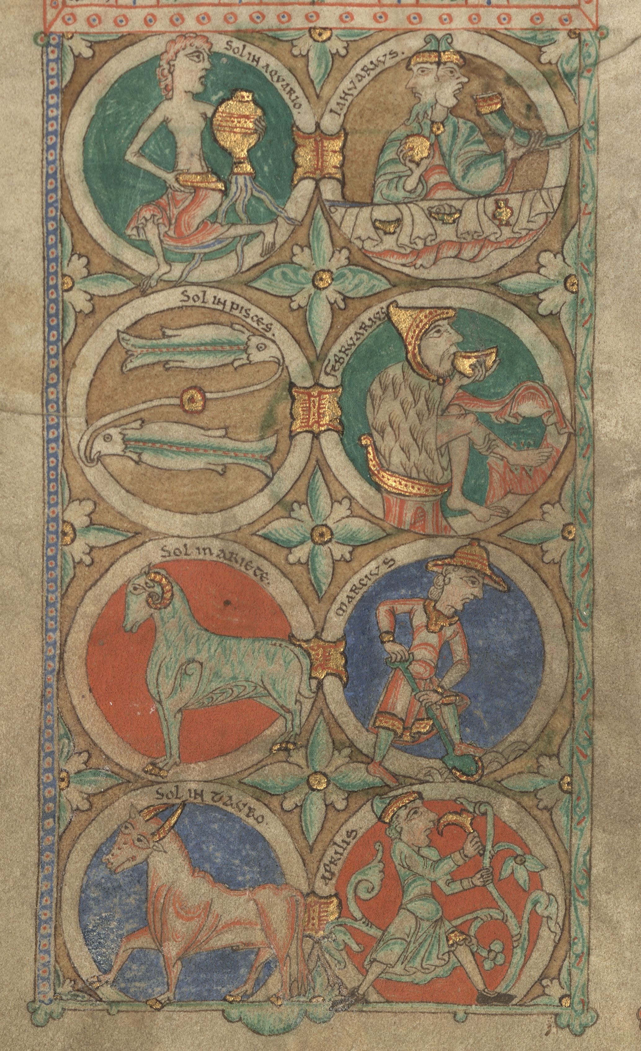 Detail of Zodiac signs and monthly labours from St John's College manuscript B.20, folio 2v. By permission of the Master and Fellows of St John's College, Cambridge