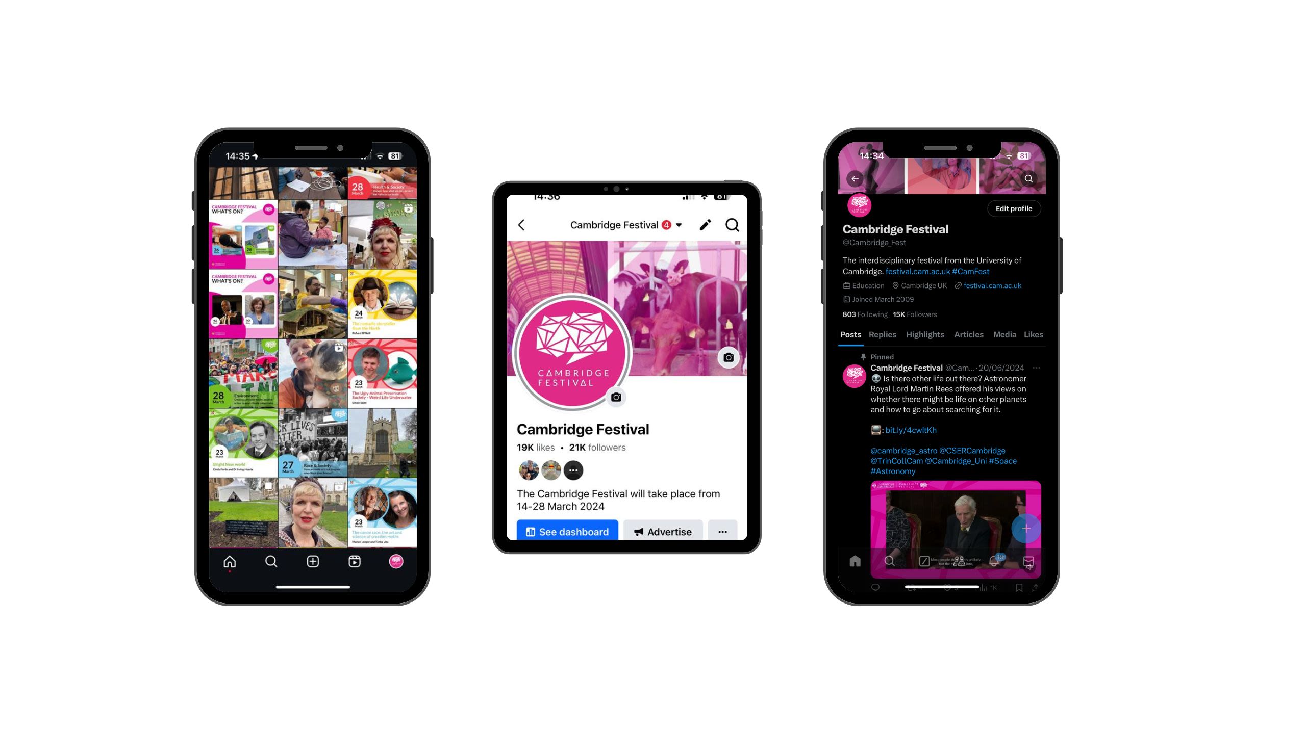 smart phone mock ups showing the festival social media channels